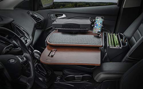 Image of AutoExec AE-GMCD-PI-PM-PS-21M GripMaster Car Desk for Your Vehicle Workstation and Mobile Office, Mahogany with 400 watt Power Inverter, Phone Mount and Printer Stand