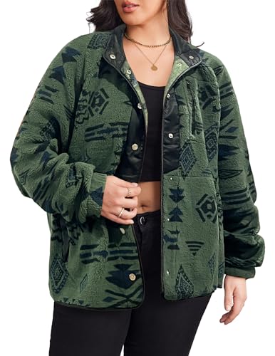 IN'VOLAND Plus Size Womens Fleece Jacket Western Aztec Print Long Sleeve Snap Button Down Shacket with Pockets