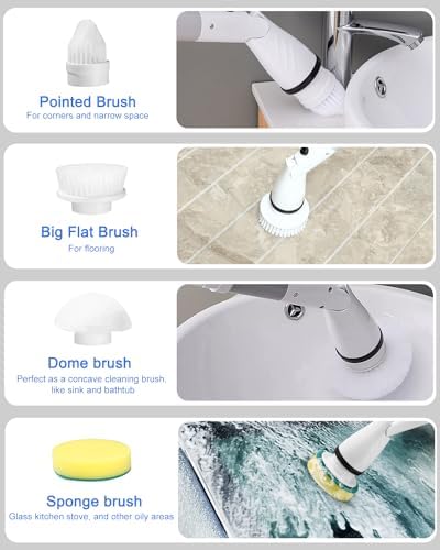 FAOKZE Cepillo de Limpieza eléctrico, Usando batería de Litio de 4000 mAh, Material ABS, Cepillo de Limpieza inalámbrico con 6 Cabezales reemplazables,Mango Ajustable para baño, Cocina,Coche — view 4