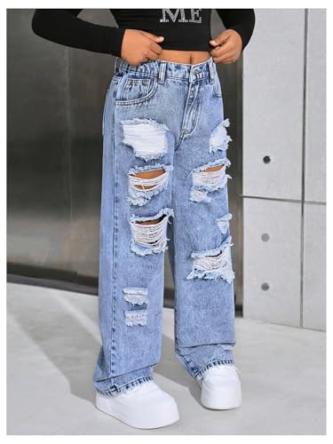 SweatyRocks Girl's Ripped Jeans High Waisted Straight Leg Distressed Denim Pants with Pockets3