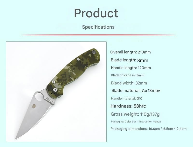 Klappmesser mit G10 Griff, 7Cr13MoV Stahl, Tarnmuster Grün, 21 cm Gesamtlänge, 8cm Klinge, 58 HRC Härte