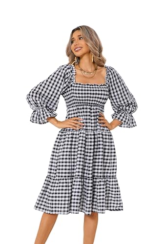 R.Vivimos Women's Summer Cotton Plaid Puff Sleeves Bow Casual Off-Shoulder Boho Midi Dress (Medium, Plaid-Black)