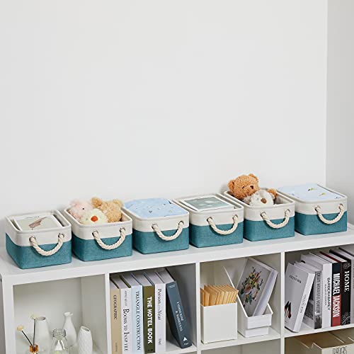 Bidtakay Fabric Baskets For Organizing Closet Set Of 6 Small Storage Bins 11.8 X 7.8 X 5 Inches Decorative Storage Baskets For Shelves Foldable Bins For Cube Organizer Rectangular(White&Teal Blue) #TOP4