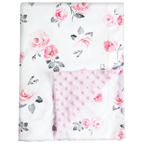 Image of PHF Minky Baby Blanket for Girls with Double Layer and Soothing Raised Dotted Backing, Soft and Lightweight Reversible Receiving Blanket for Newborns, Infants, Babies, 30x40 Inches, Rose Floral