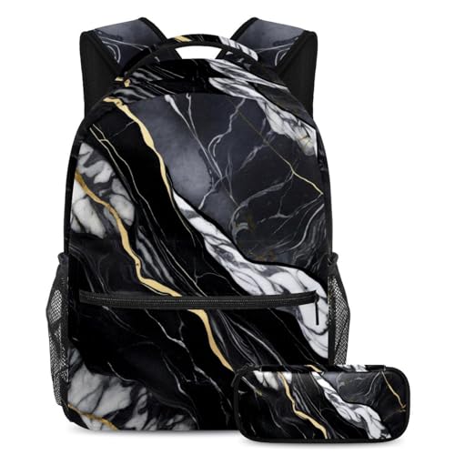 Sac à dos marbre noir avec trousse ensemble cartable scolaire ado fille garçon
