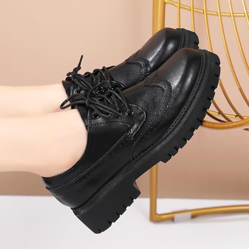 Image of Womens Vintage Oxford Shoes Platform Lace-up Round Toe Patent Leather Brogues Casual Oxfords for Girls Ladies Women