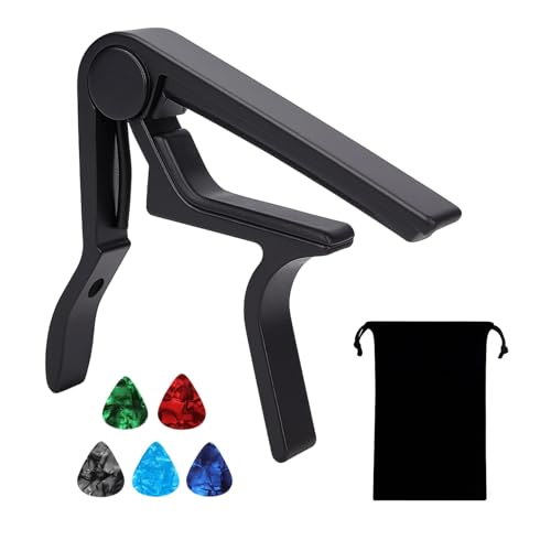 Cejilla para guitarra acústica Western de 6 cuerdas, guitarra eléctrica y ukelele, capo para guitarra clásica, capo para guitarra, guitarra clásica, guitarra de concierto, color negro con 5 púas