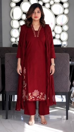 Image of GoSriKi Kurta Set for Women Viscose Embroidered | Kurti Set for Woman | Kurta Palazzo Dupatta 3 Piece Outfit | V Neck 3 /4 Sleeve Regular Fit Ethnic Dress Stylish Womens Clothing Trendy Outfit