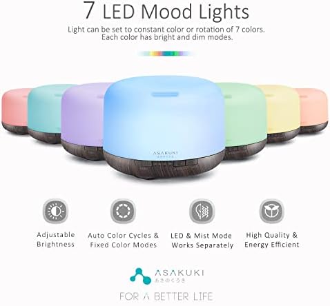ASAKUKI 500ml Essential Oil Diffuser, Premium 5 In 1 Ultrasonic Aromatherapy Scented Oil Diffuser Vaporizer Humidifier, Timer and Waterless Auto-Off, 7 LED Light Colors
