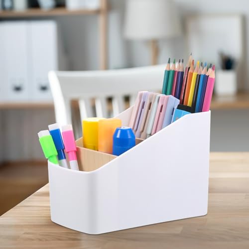 Zocipro Organizador Escritorio Madera con 4 Compartimentos, Bambú Soporte Para Control Remoto Extraíble, Caja Almacenamiento de Oficina Multifuncional Para Bolígrafo, Tijeras, Gafas, Cosméticos