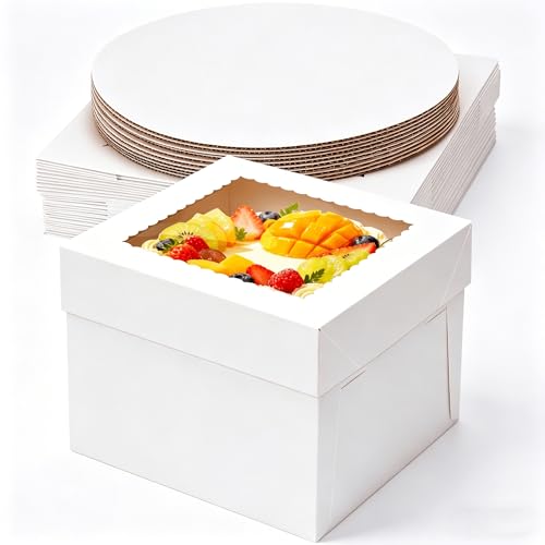 IRELINM 8 inch Cake Box & White Cake Board Set 8 x 8 x 8 Square 10 Packs (5 x boxes & 5 x boards) Clear Windows Disposable Cake Containers for Wedding Birthday Party Celebration
