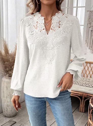 Womens Tops V Neck Boho Long Sleeve Shirts Swiss Dot Chiffon Blouses Flowy Lace Crochet Clothing Casual Trendy Tunic4