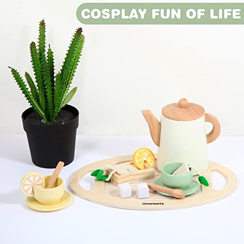 Asweets Wooden Tea Set For Little Girls,Tea Party Set Play Kitchen Accessories For Kid Playset Pretend Toddler Tea Set Toy #TOP2