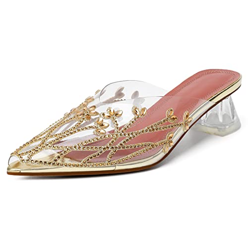 Image of AUMOTED Women's Clear Mule Sandals Pointed Toe Slingback Heels Rhinestone Heels Pumps Wedding Shoes