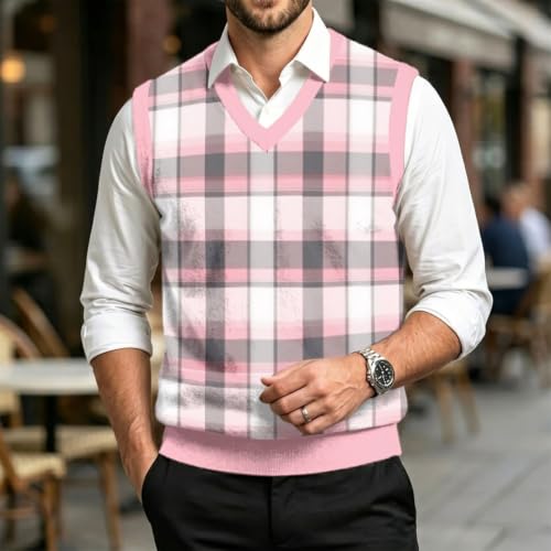 Christmas Sweater Vest Men V Neck Plaid Knit Lightweight Pullover Sweater - image 2
