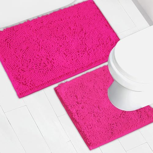 AINAHYVA Bathroom Rugs Chenille Bath mat 2 Piece Set Super Absorbent Strong PVC Non Slip Backing Bath mats for Bathroom Plush Shaggy Thick Machine Washable Bathtub Toilet.(Hot Pink)