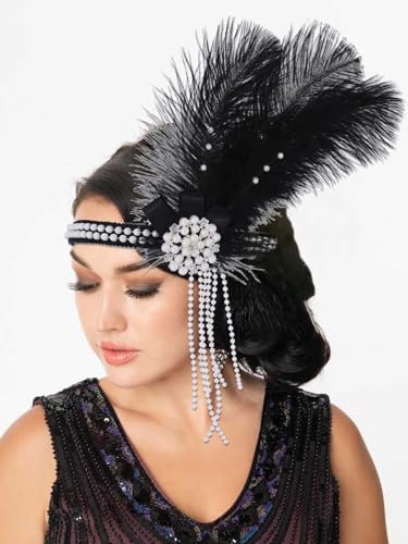 IYOU 1920s Flapper Headband Black Feather Great Gatsby Headpiece Pearl Tassel Vintage Festival Wedding Hair Accessories for Women - Image 2