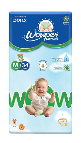 Image of Wowper Easy Pants Baby Diaper | Medium Size Diapers | Diapers with Wetness Indicator | Upto 12 Hrs Absorption | 7-12 Kg | 34 Counts