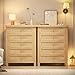 Natural Rattan Dresser for Bedroom with 5 Drawers, Wood Boho Chest of Drawers with Gold Metal Handle, Matte Top Bedroom Tall Dresser with Large Drawers for Living Room, Closet, Hallway, (Nartual)