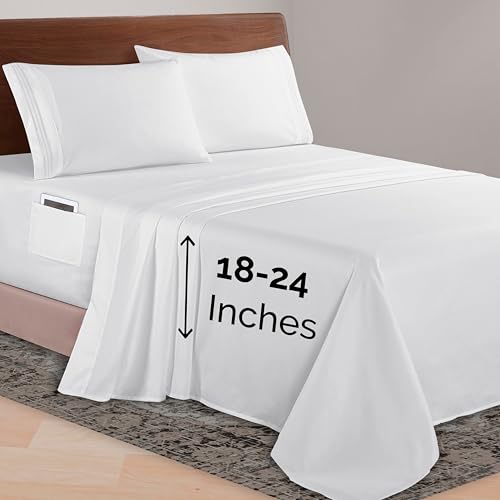 Elegant Comfort Luxurious 1500 Premium Hotel Quality Microfiber 4-Piece Sheet Set, 18-24 Inches Deep - Extra Deep Pocket Sheets - Ultra Soft 4PC Deep Pocket Sheets, California King, White