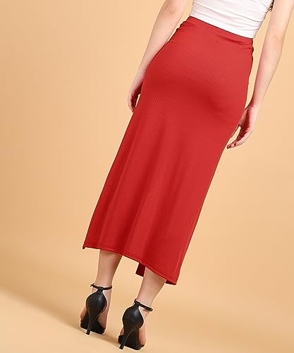 Image of POPWINGS Casual Solid Self Design Rib Long Slit Skirt for Women - Stylish Summer Skirt