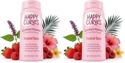 Image of HAPPY CURVES Comfort Powder: Talc Free Anti Chafe Body & Foot Dusting Powder Deodorant to Control Inner Thigh Chafing, and Private Areas 6oz (Pack of 2) - Tropical Oasis