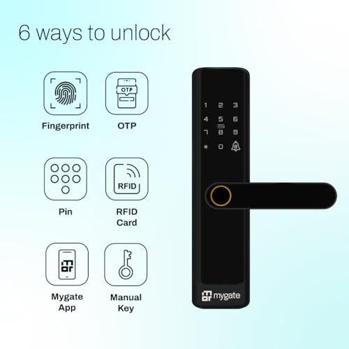Image of Mygate Smart Door Lock SE with 6 Unlock Methods | Fingerprint, OTP, PIN, RFID Card, Key & Mobile App Access | Unauthorized Freeze & Pin Decoy | Remote Unlocking via OTP| 3-Year Warranty by Mygate