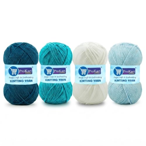 Image of ProKart - 4 Ply Plush & Cuddly for Knitting & Crochet | Pastel Yarn for Baby Toys & DIY Crafts | 100g, Pack of 4 (Dark Teal Blue, Teal Blue, White, Baby Blue)