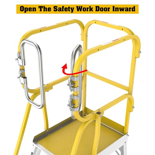 Image of 4 Step Ladder Aluminum Rolling Platform Ladders with 360 Guardrail System, Industrial Safety Non-Slip Rolling Ladder with Wheels for Warehouse, Garage, 375 lbs Capacity
