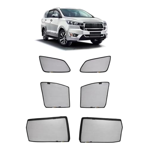 Image of Amazon Basics Side Window Sun Shade for Toyota Innova Crysta (2021 Onwards) - Front Half Cut + Rear Zipper | Custom-Fit Magnetic Car Curtains | Black | Pack of 6 Pcs | Cotton Mesh