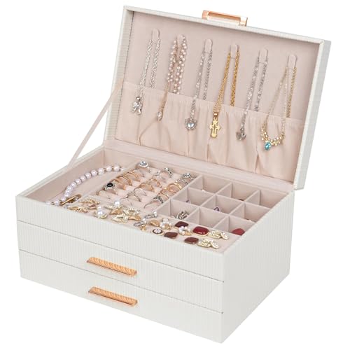 Dajasan Jewelry Boxes for Women, Jewelry Box Organizer with 2 Drawers, 3-Tier Large Jewelry Holder Organizer Box for Necklace Ring Earring Bracelet, Gift Idea, Modern Style (White)