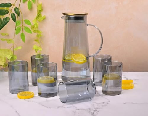Image of Water and Juice Black Glasses Set of 6 and Borosilicate Jug Set Combo (6 PC Glasses 280ML and 1 Water Jug 1.8 Liter) Transparent, Glass and Jug Set for Dining Table (7 Piece)