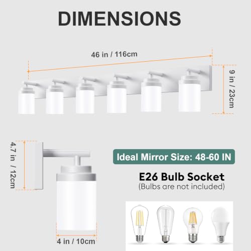 Image of IZORRO Bathroom Light Fixture White, White Glass Shade 46-Inch 6-Light | Bathroom Light Fixtures Over Mirror, Modern Farmhouse Vanity Lights, Rustic Restroom Lighting Fixtures