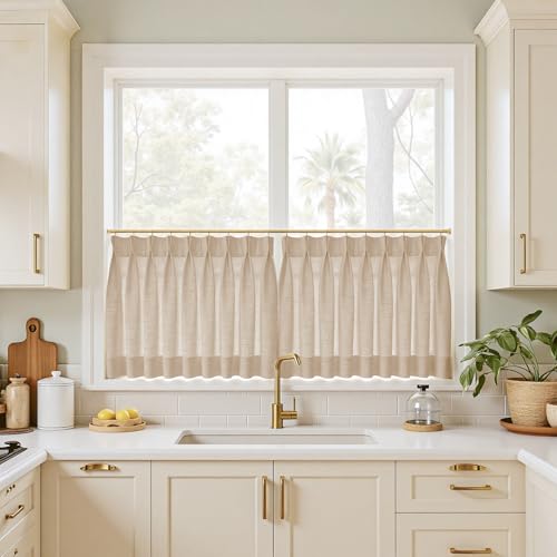 Image of TWOPAGES 26 inch inch W x 45 inch inch L Linen Blend Cafe Curtains for Kitchen Window, Light Filtering Pinch Pleated Tier Curtains, Modern Farmhouse Half Window Curtains for Small Window, Tapioca, 2 Panels