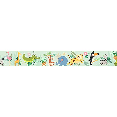 PLAGE - Frise adhésive décorative autocollante, illustration les animaux de la jungle rigolots pour chambre d'enfant, 15 cm X 300 cm, Vinyle, Multicouleur,...