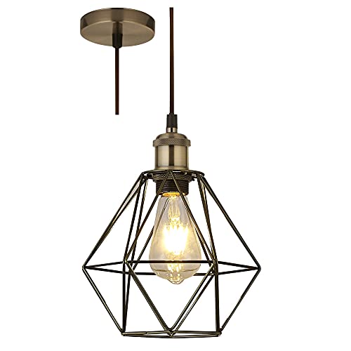 Antique Brass & Brown Braided Cable Retro Bird Cage Geometric Wired Pendant Ceiling Light 22cm | Round Fixing Plate | 1.5 Metres Cable | Industrial Vintage Style | 1 x ES Lamp Required