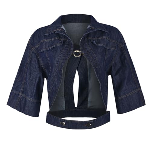 LEOROO Casual Cropped Jacket Women Fall Fashion Short Sleeve Lace-up Coat Trendy Hollow Out Women's Clothes(Blue,L)