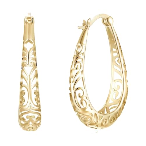 14K Gold Plated 925 Sterling Silver Post Oval Filigree Hoop Earrings for Women Hypoallergenic Dainty Thick Gold Hoops Earrings for Jewelry Gifts