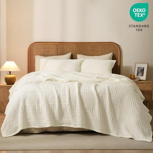 Image of PHF 100% Cotton Waffle Blanket Queen Size for Bed, Lightweight Breathable and Soft for Summer, Luxury Aesthetic Waffle Weave Blanket for Home Decor & Gifts for Women, 90 inchx90 inch, Cannoli Cream