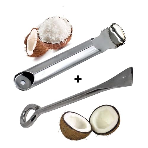Image of Coconut Opener & Peeler Kitchen Tool Set | Stainless Steel Shell Breaker, Cutter, Slicer & Coconut Grater Combo for Tender & Mature Coconuts | Kitchen Accessory Combo
