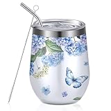 Geiserailie Floral Insulated Wine Tumbler 12 oz Spring Hydrangea Butterfly Stainless Steel Wine Glass with Lids and Straw Double Wall Travel Tumble for Women Coffee Cocktail Mother's Day Gift