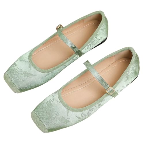 Hee grand Satin Embroidery Mary Jane Flats for Women Dressy Square Toe Ballet Flats with Ankle Strap Comfortable Walking Flats