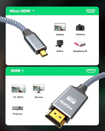 Image of 4K Micro HDMI to HDMI Male Cable Adapter, Grey 10FT | 4K@60Hz HDR Nylon Braid Cord for GoPro Hero, Zfc, RPi, A6000, A6300, Camera, Video Capture Card