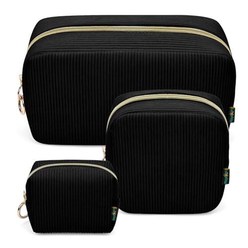 Set di 3 Pochette Donna Trucchi Mini Trousse da Borsetta Ragazza Piccolo Beauty Case da Viaggio Grande Borsa da Trucco in Velluto a Coste Mini Pochette Portatile Porta Cosmetica Astuccio(Nero)