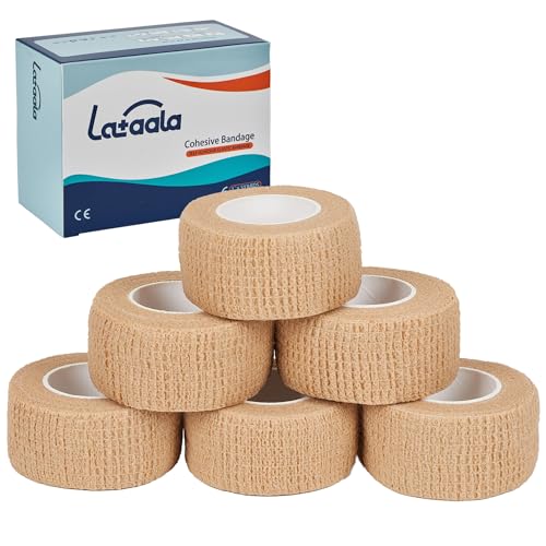 Lataala 6 Pack 1 x 5 Yards Self Adhesive Bandage Wraps for Sports Cohesive Bandages Atheletic Tape for Wrist Ankle Hand Leg Skin Color Vet Wrap