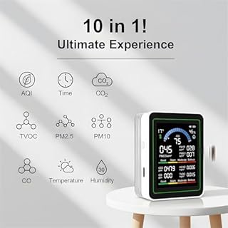 Professional Indoor Air Quality Monitor with AQI,10 in 1 Portable Detector for PM2.5 | PM10 | CO2 | TVOC | HCHO | Temp | Hum for Home Cars Plants Pets Hotel (White)
