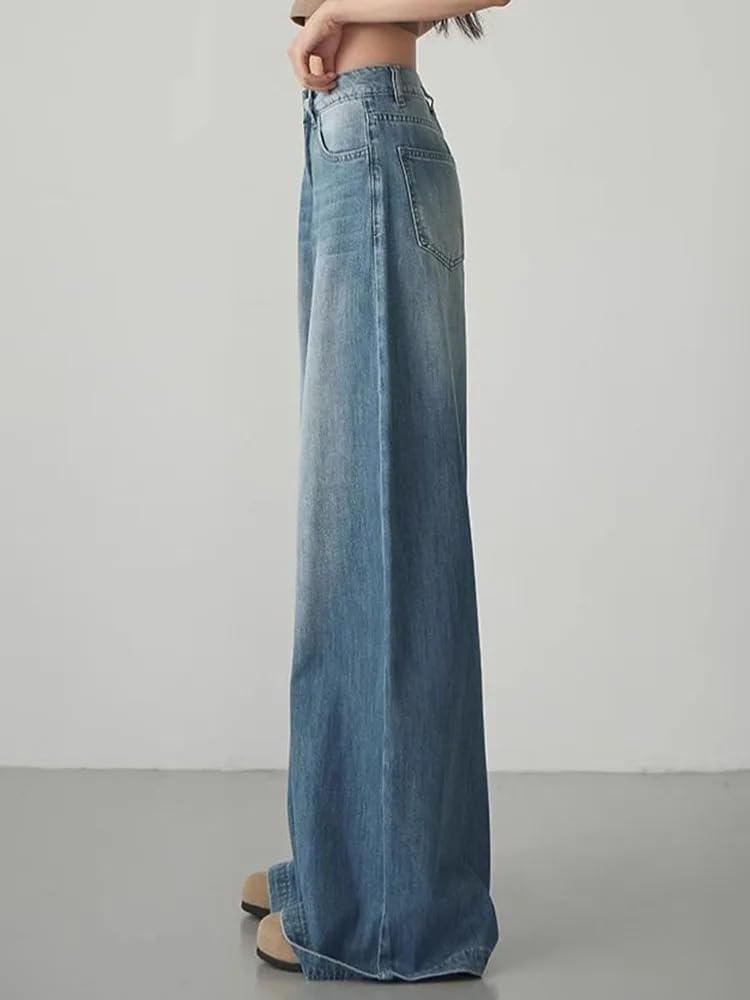 Pantalones Vaqueros para Mujer Primavera Rectos Coreano Tiro Alto Pierna Ancha Casuales Holgados Jeans para Mujeres