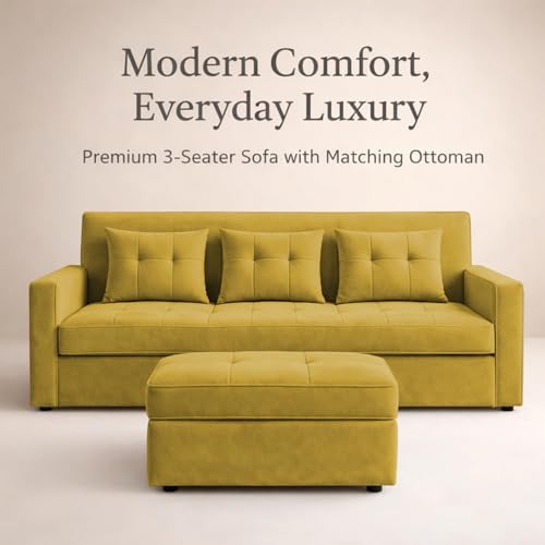 Image of Emilio 3 Seater with Ottomon Pull-Out Sofa Cum Bed (Yellow Color) Premium Fabric Sofa Set for Living Room | Bedroom