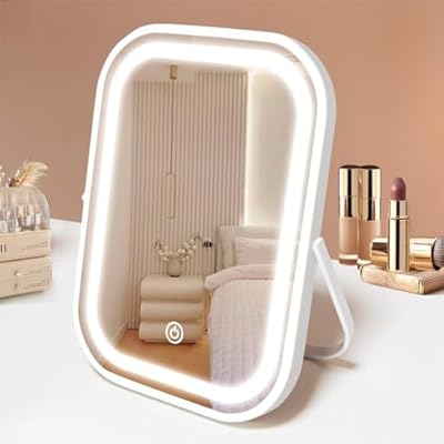 YEKKOPT Travel Makeup Mirror with Lights, Portable Small Beauty LED Vanity Mirror with Lights, 1200mAh Battery, Dimmable Touch Screen, Tabletop Folding Compact Mirror,Women Gift