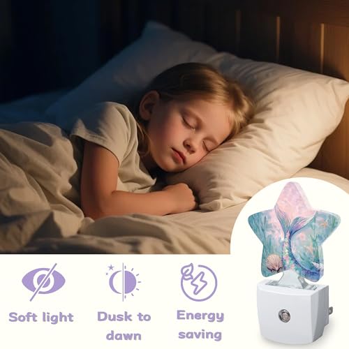 Image of Cute Mermaid Tail Night Lights Plug Into Wall,Seashell Dusk to Dawn Light Sensor Night Light for Kids,Energy Efficient Sleep Friendly Lamp for Bedroom Bathroom Nursery